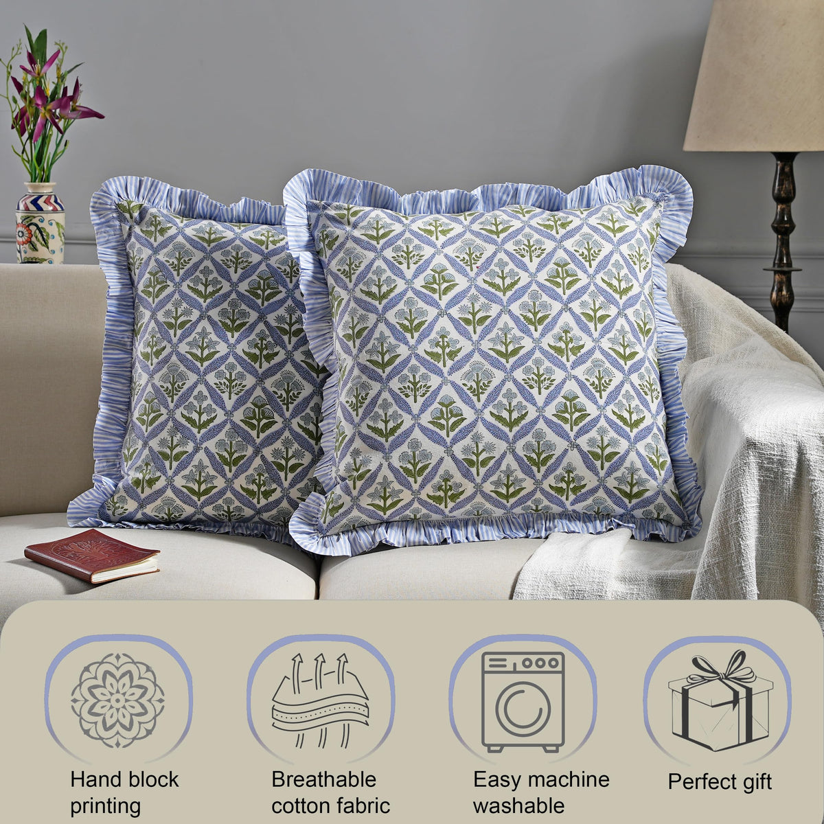 Ridhi block print steel blue pillow cover with elegant ruffle edge