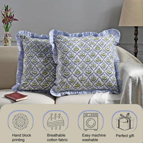 Ridhi block print steel blue pillow cover with elegant ruffle edge