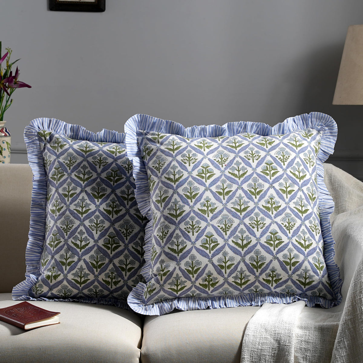 Ridhi grandmillennial block print steel blue pillow cover enhances bedroom styling