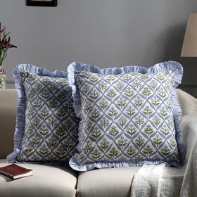 Ridhi grandmillennial block print steel blue pillow cover enhances bedroom styling