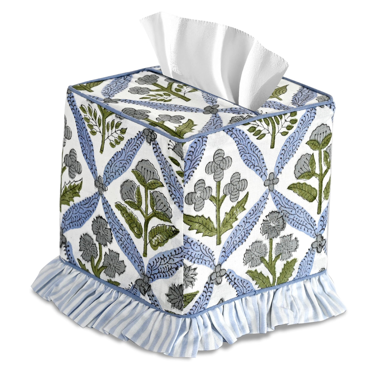 Ridhi light steel blue block print tissue box cover enhances decor with artisanal charm.