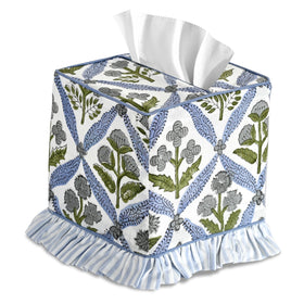 Ridhi light steel blue block print tissue box cover enhances decor with artisanal charm.