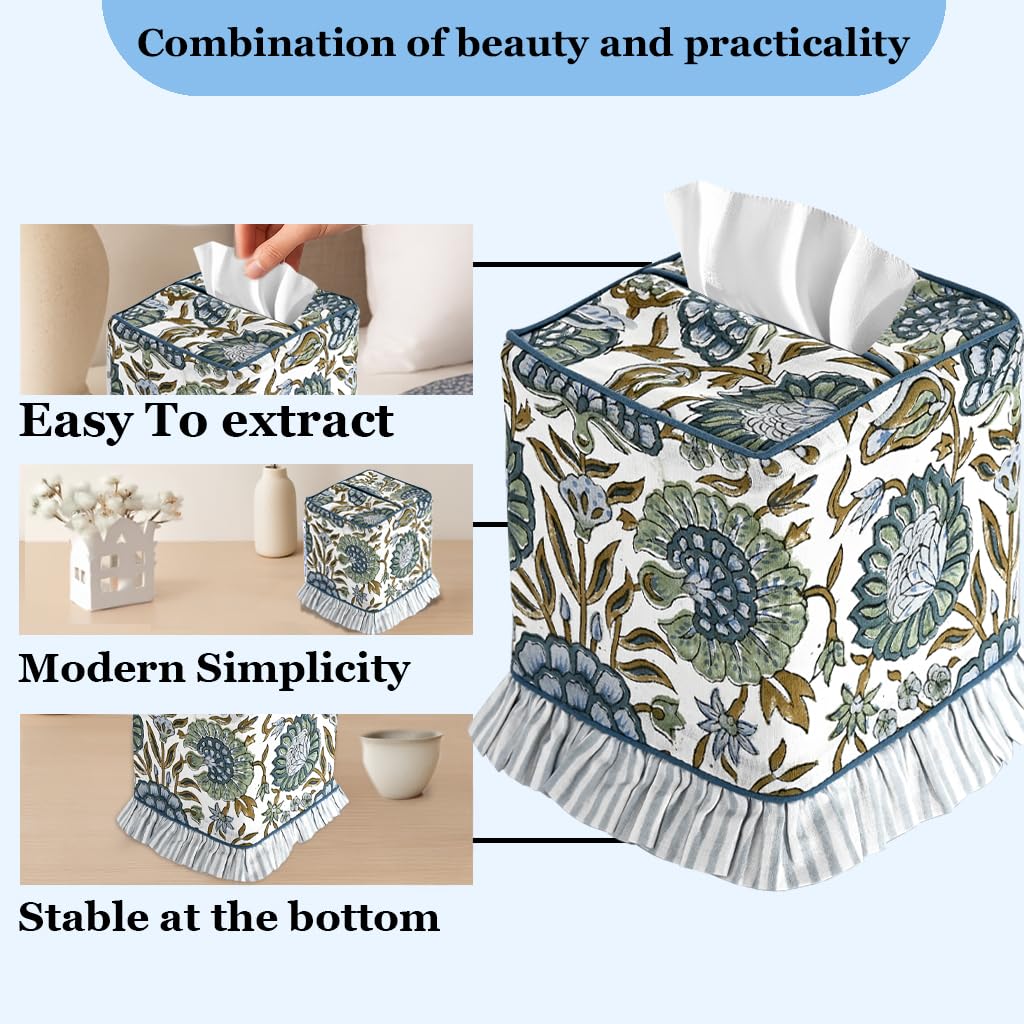 Ridhi tissue box cover with ruffle detail enhances bedside decor