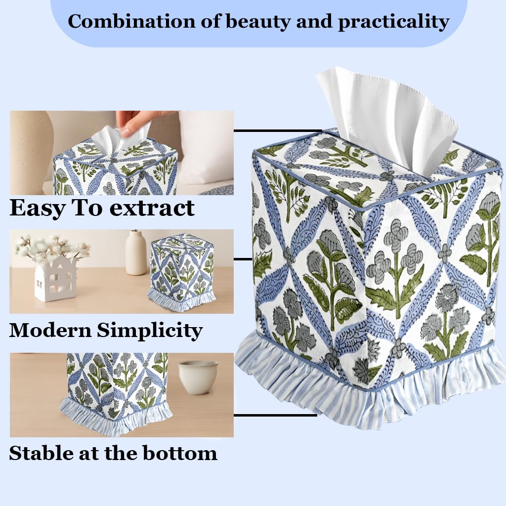 Ridhi block print tissue box cover with ruffle edge adds softness and polish.