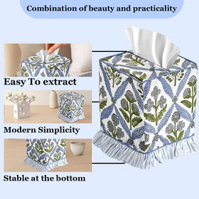 Ridhi block print tissue box cover with ruffle edge adds softness and polish.