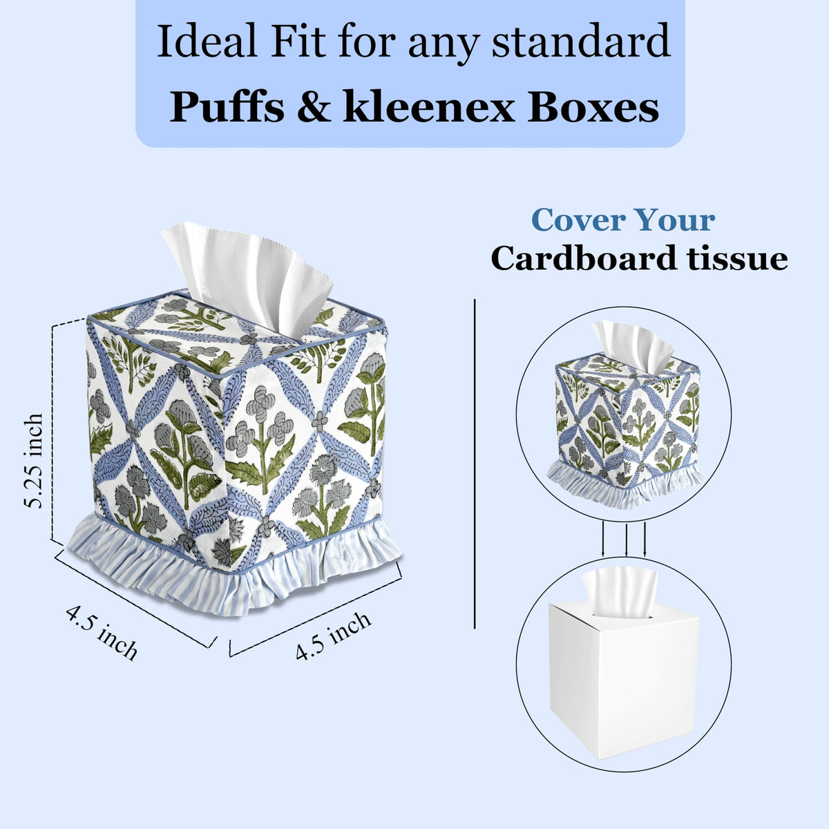 Ridhi square tissue box cover fits standard boxes and conceals packaging.