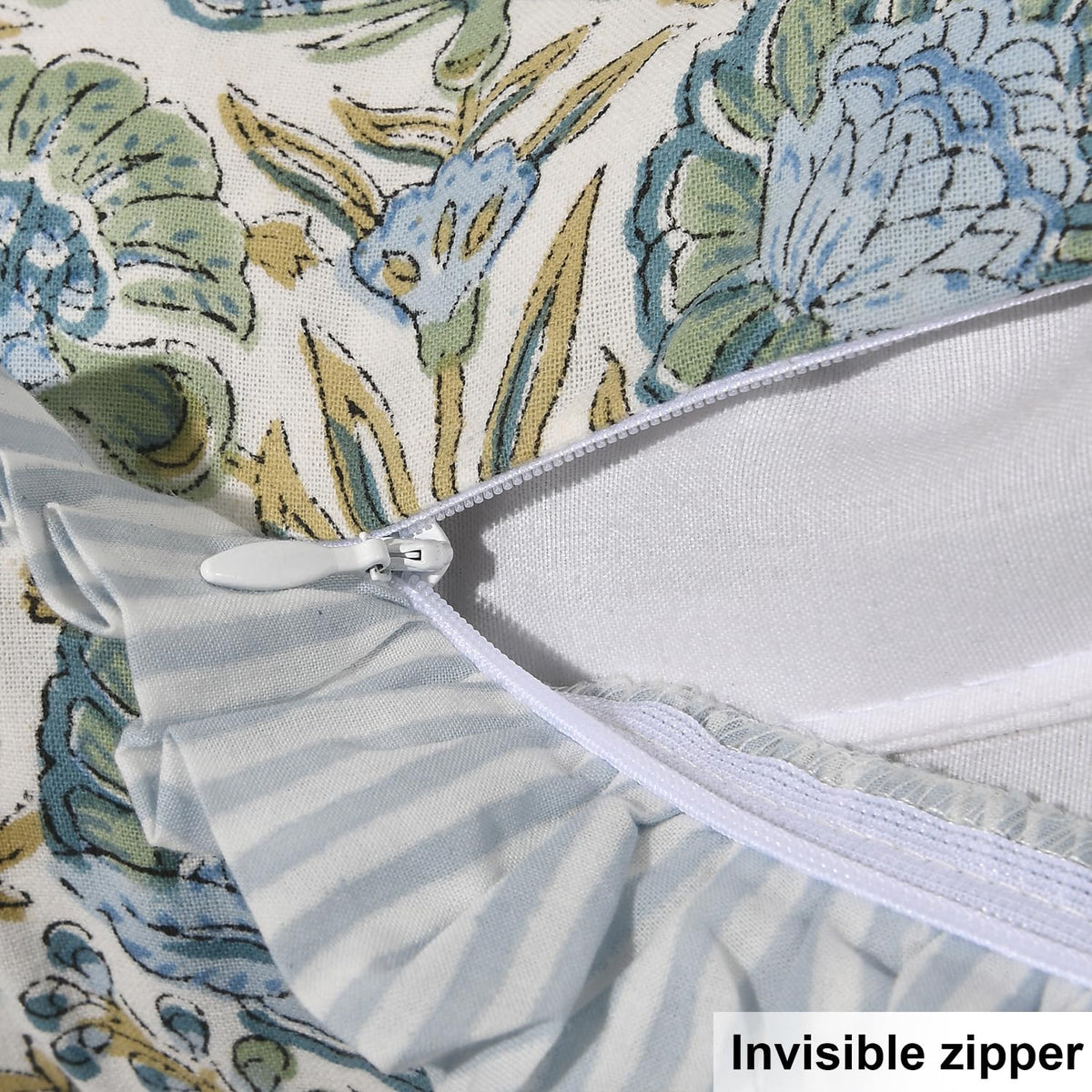 Ridhi pillow cover with zipper closure keeps inserts secure.