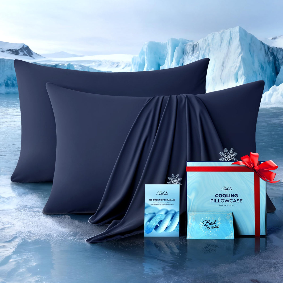 Rifens Ultra-Chill pillowcase 2-pack navy, front view showcasing cooling design.