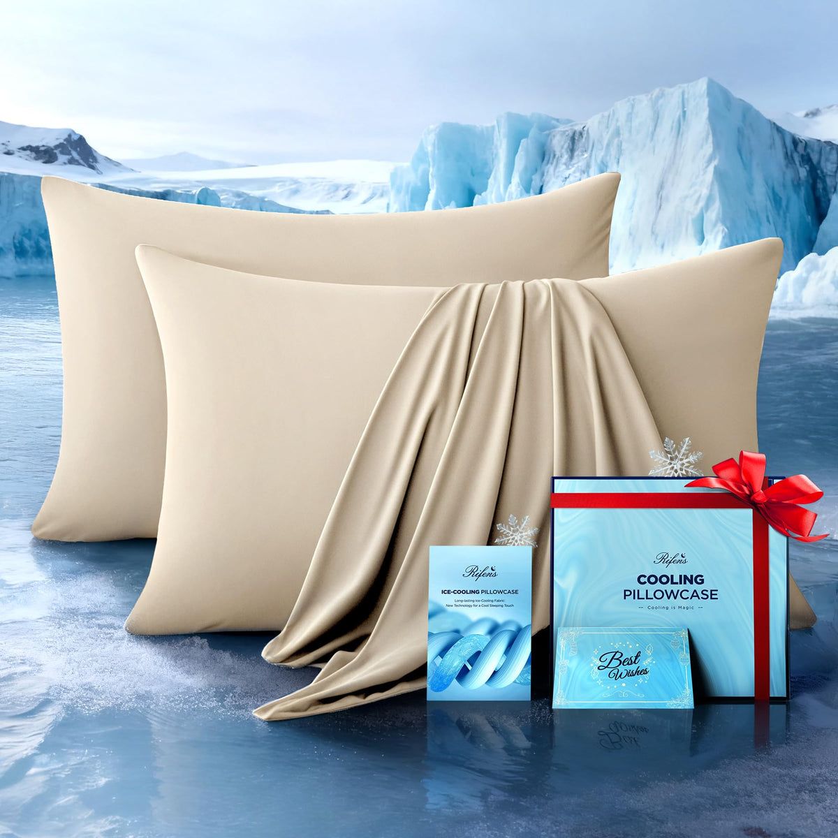 Rifens Ultra-Chill pillowcase in beige offers silky cooling for restful sleep.