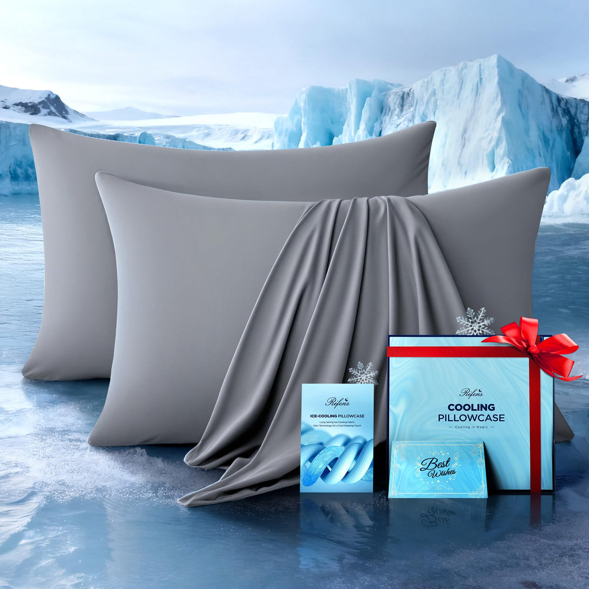 Rifens Ultra-Chill pillowcase closeup shows cooling fabric and breathable texture for night comfort.