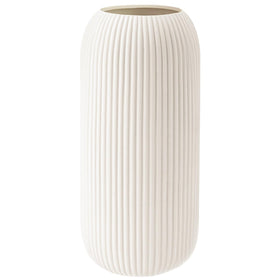 RIKBVOM ceramic vase with ribbed texture in white, a stylish shelf focal point.