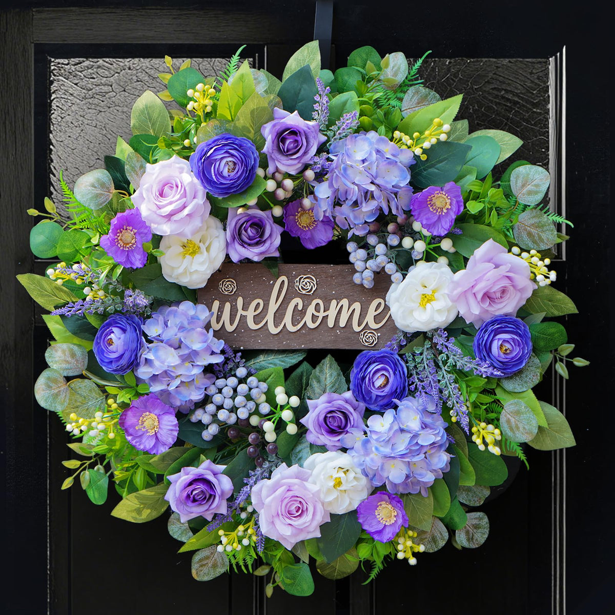 Rimalo 24-inch lavender hues wreath enhances curb appeal for front doors.