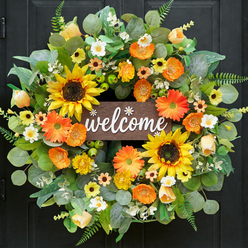 Rimalo 24-inch sunflowers and daisies wreath for front door, bright welcome decor.