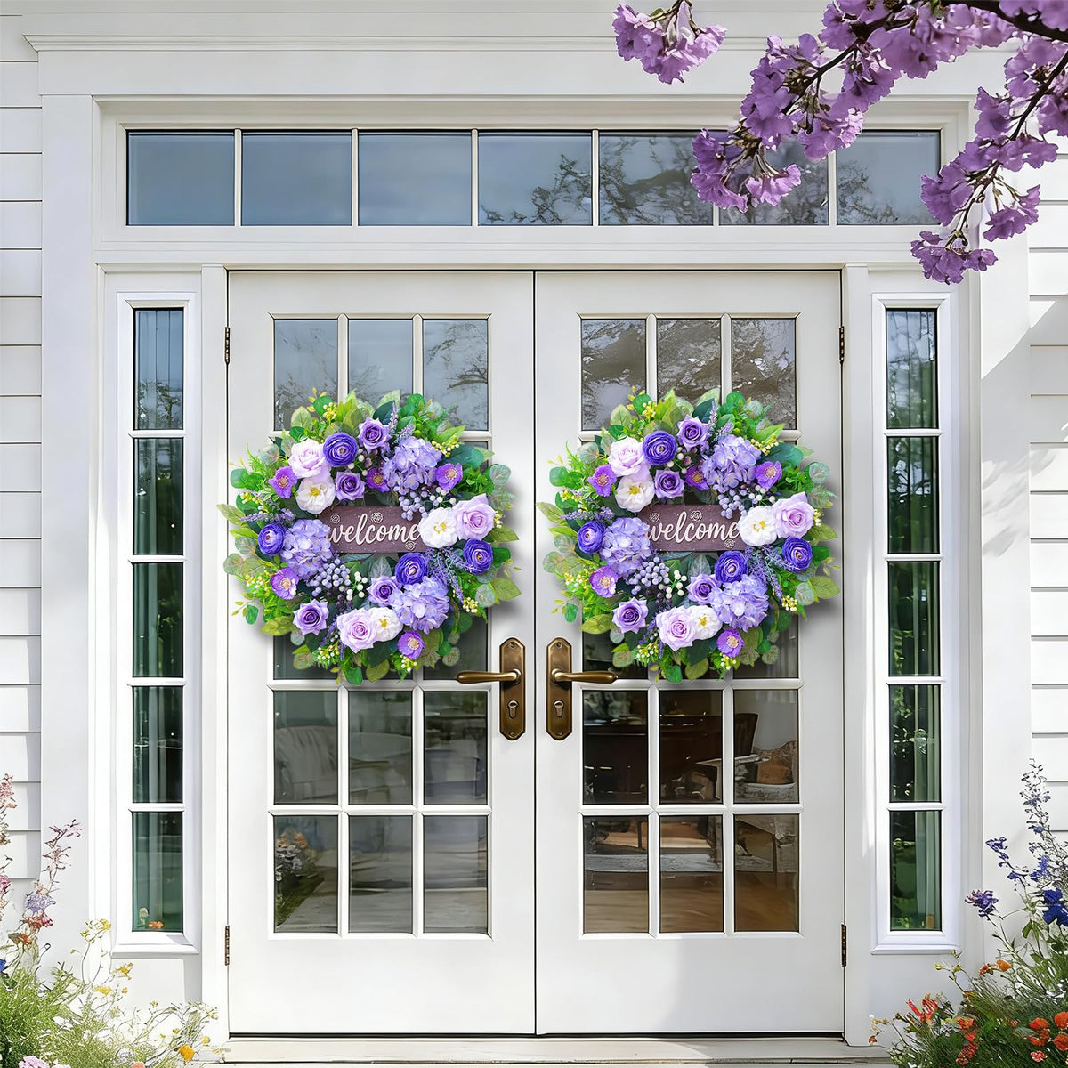 Rimalo front-door wreath with built-in hanging loop for easy installation.