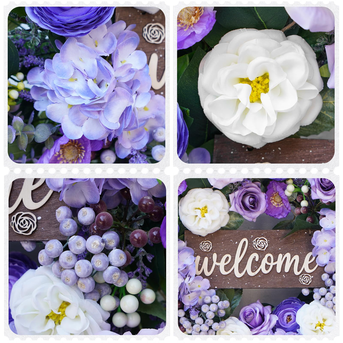 Rimalo lifelike hydrangea-roses-daisies wreath adds cottage garden charm outdoors.