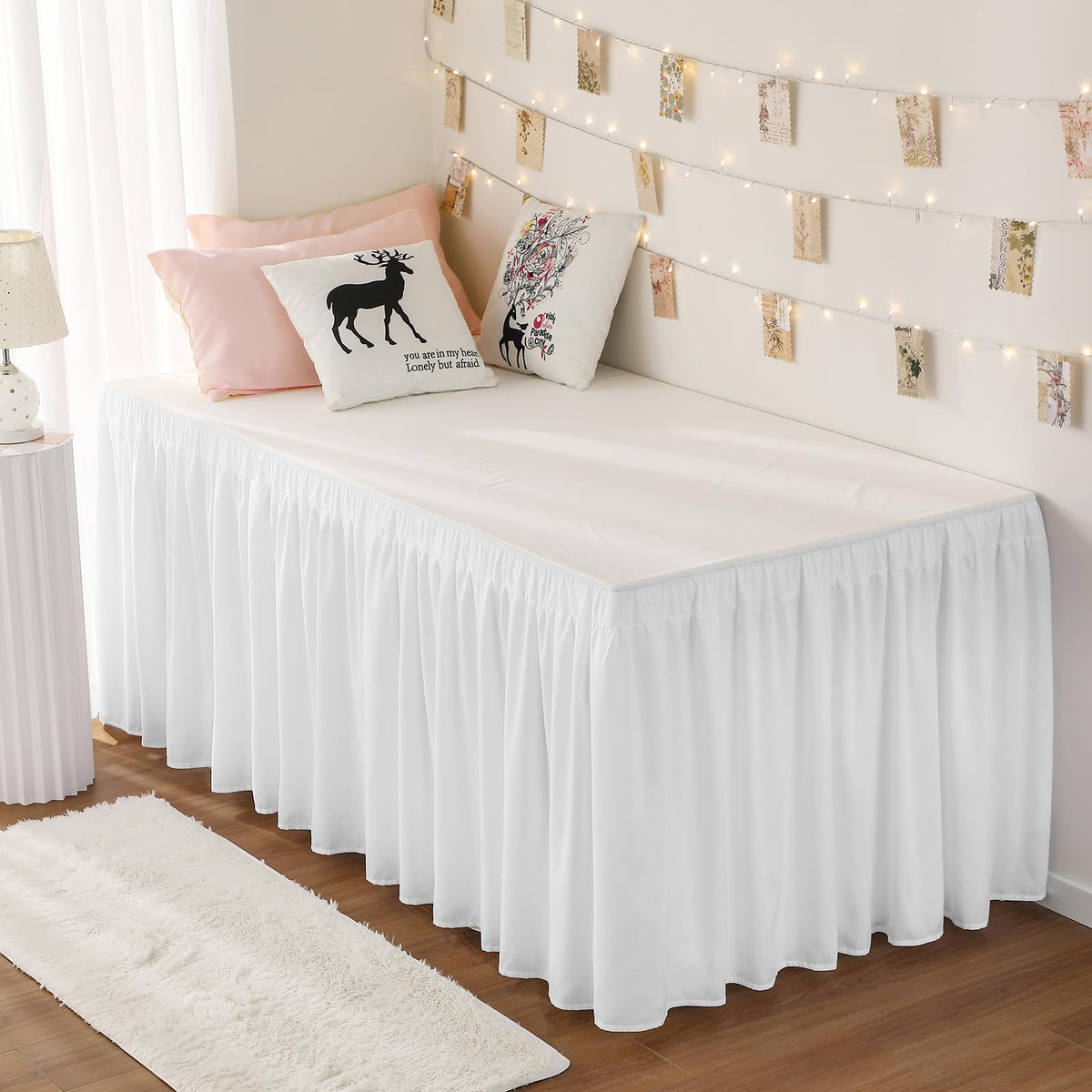 RIMELA dorm bedskirt in white with elastic edge for quick dorm room setup