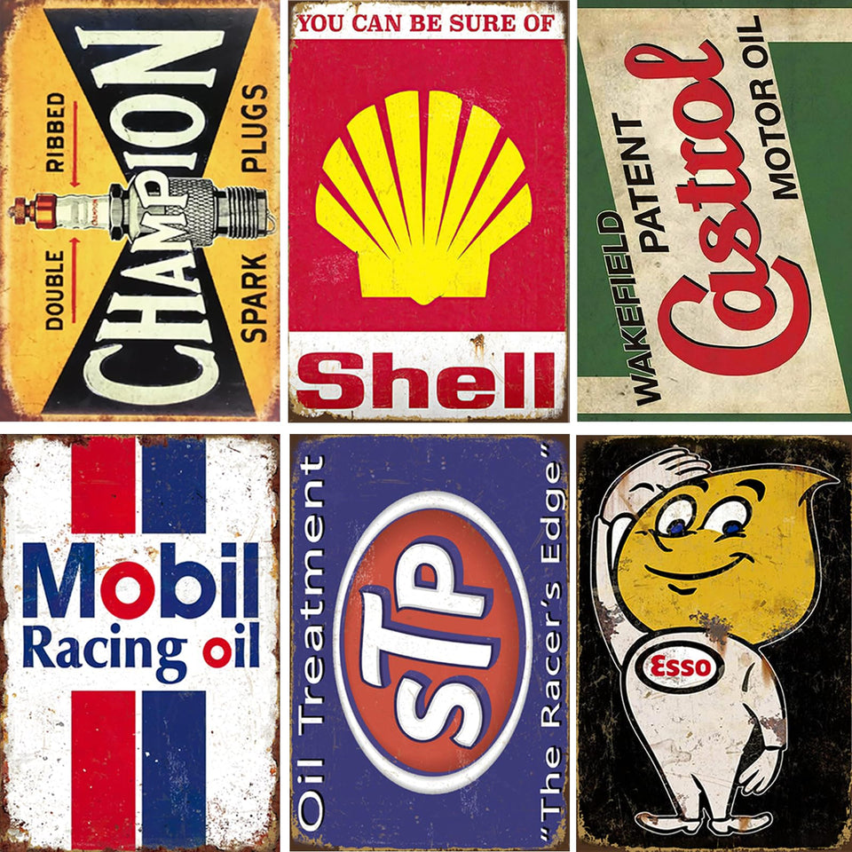 RINEENOM vintage tin signs collection shows classic garage charm for man caves.