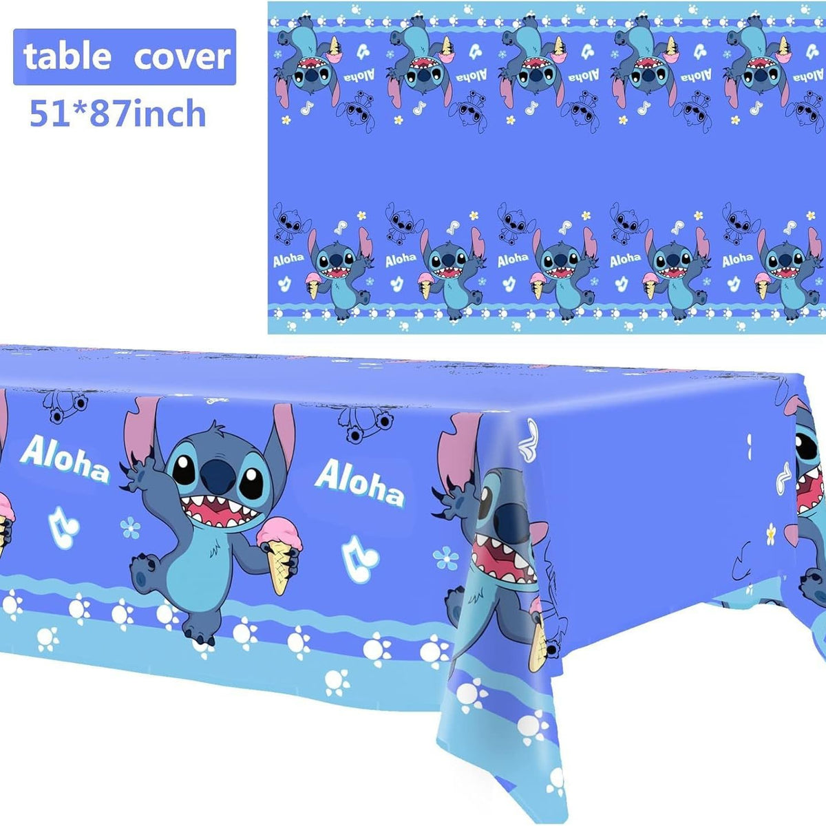 RINSUNCA Stitch tablecloth 51x87 inches showcases the party theme and protects surfaces.
