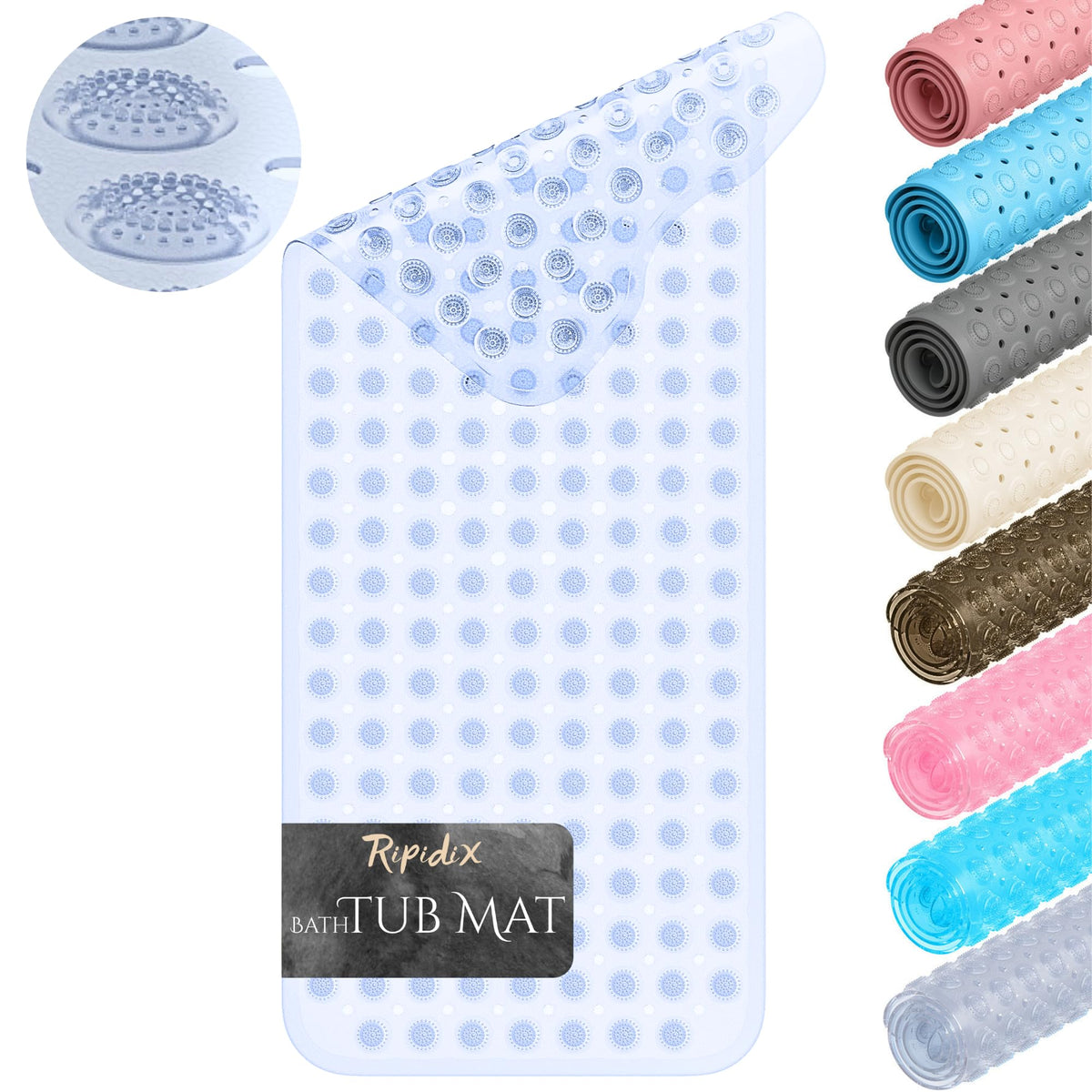 Ripidix bath mat with suction cups for secure non-slip grip on tub surfaces.