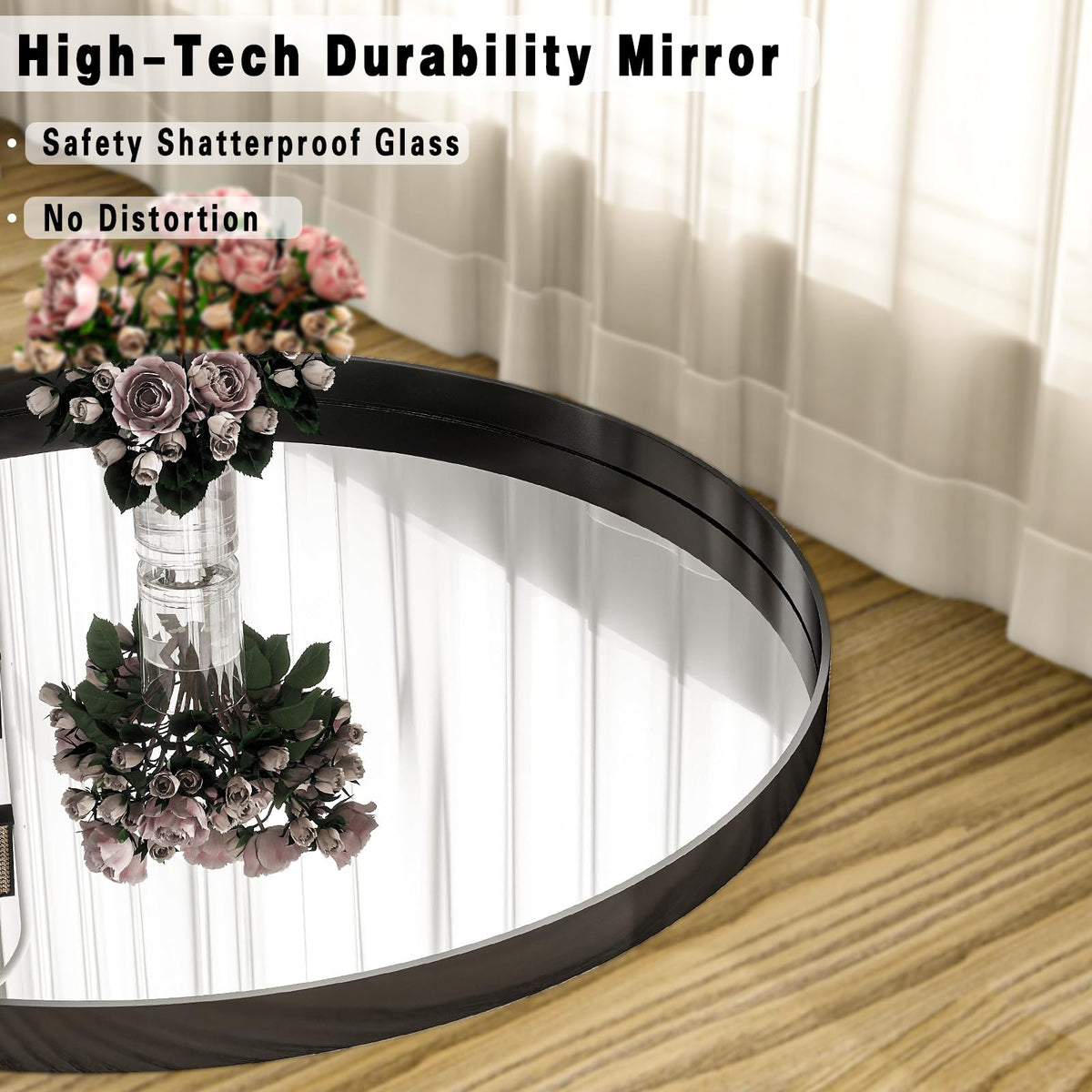 Riskioir circle mirror with concave frame elevates living room decor.