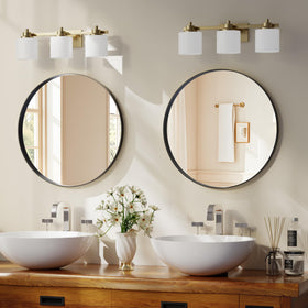 Riskioir round wall-mounted mirror with sturdy frame enhances hallway lighting.