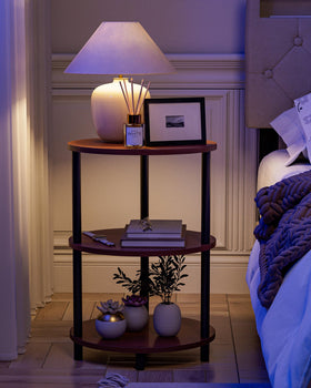 RISWER bedroom nightstand in rustic walnut complements modern and farmhouse décor