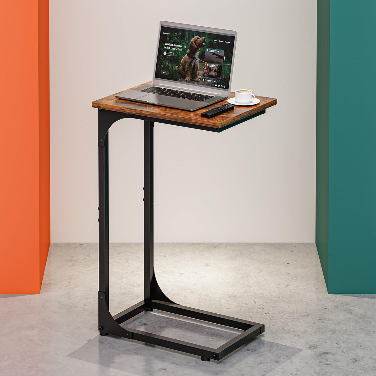 RISWER C-shaped end table under sofa holding drinks and remotes
