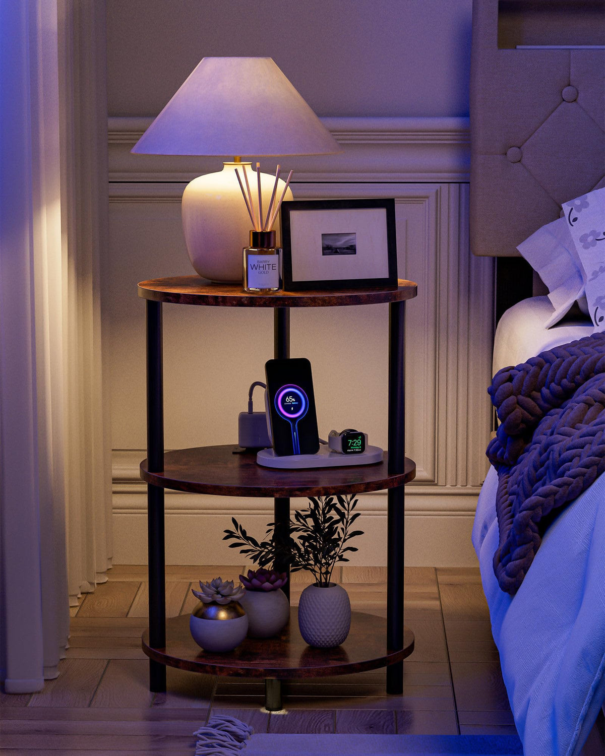 RISWER compact space-saving end table fits beside sofas or beds