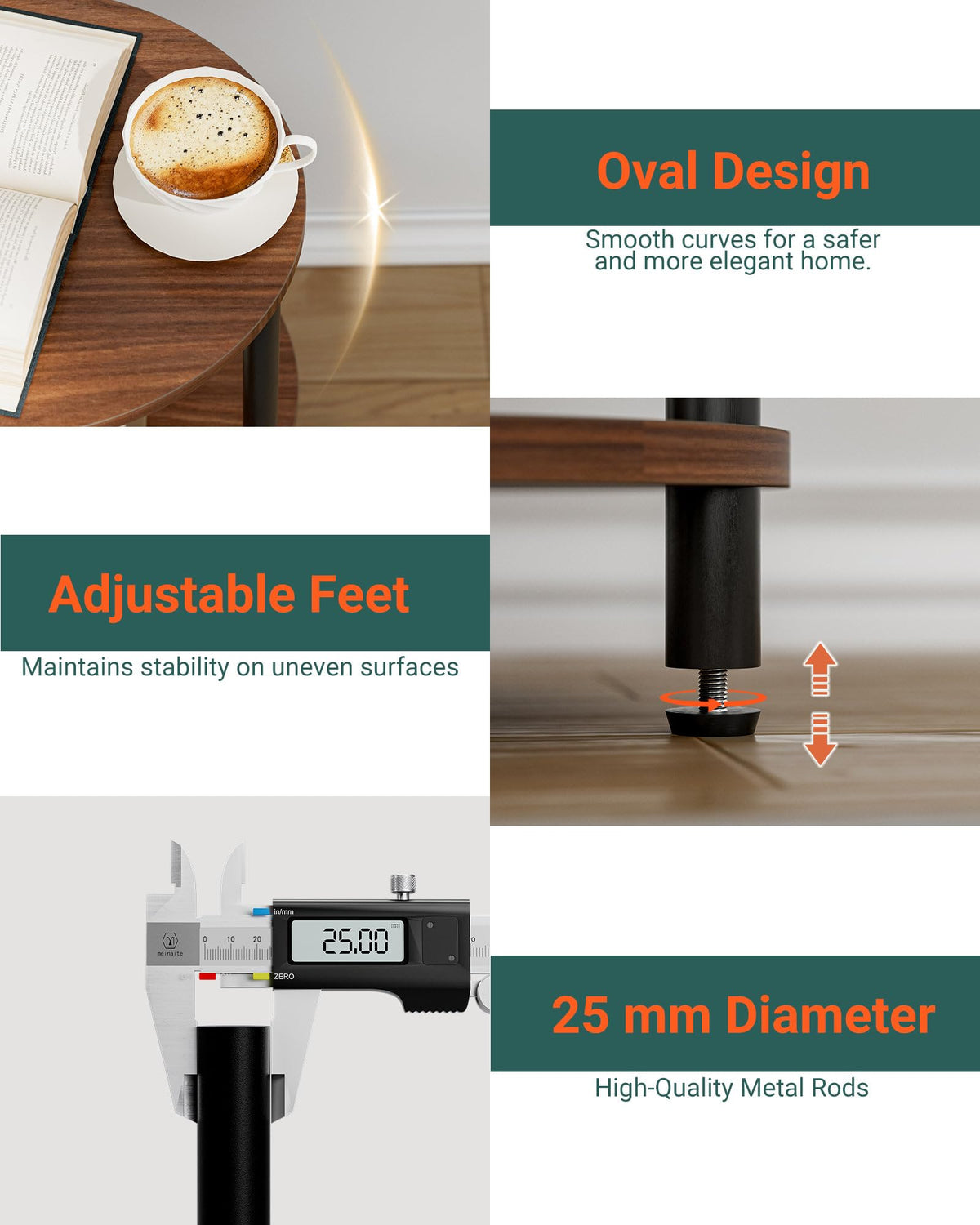 RISWER oval side table with wood and metal base boosts organized storage beside sofas