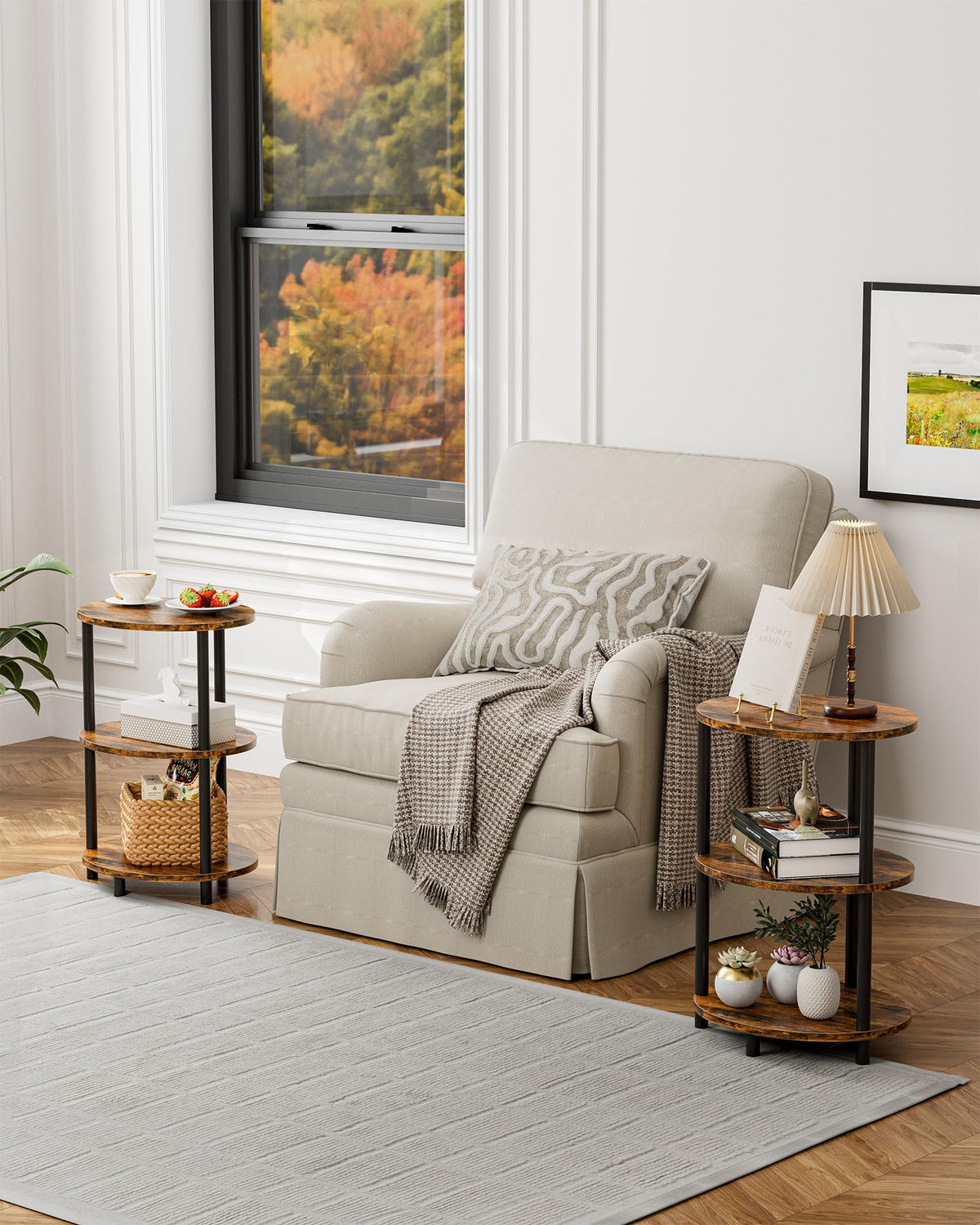 RISWER Round Small Side Table daily organization in a corner with cups and remotes nearby.