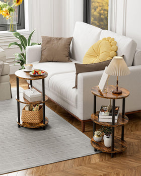 RISWER Round Small Side Table living room setup with plant and book as a cozy accent.