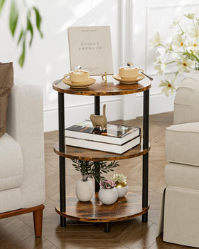 RISWER Round Small Side Table nightstand use beside the bed with lamp nearby.