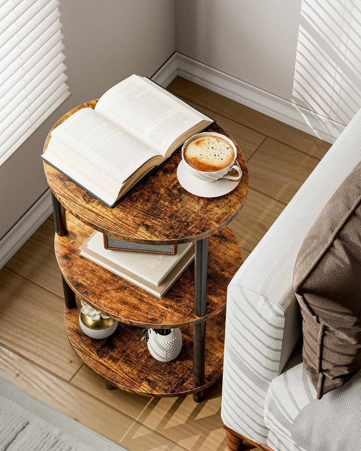 RISWER Round Small Side Table rustic wood-look top with black metal frame for versatile style.