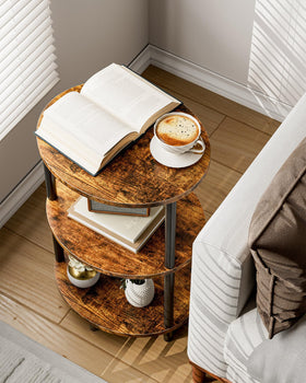 RISWER Round Small Side Table rustic wood-look top with black metal frame for versatile style.