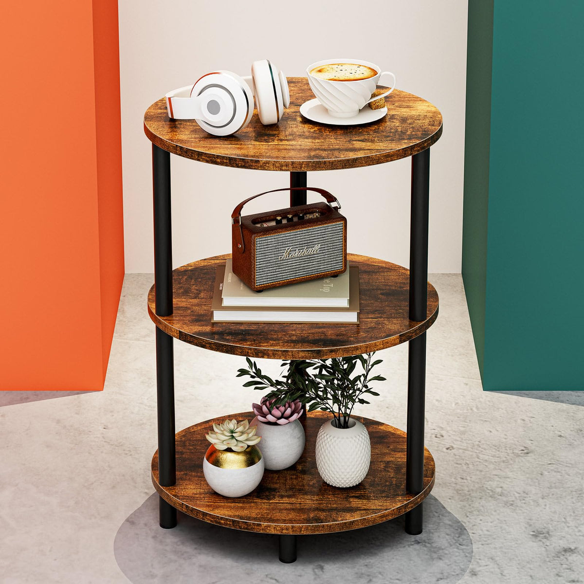 RISWER Round Small Side Table top view showing three-tier storage for organized living room essentials.