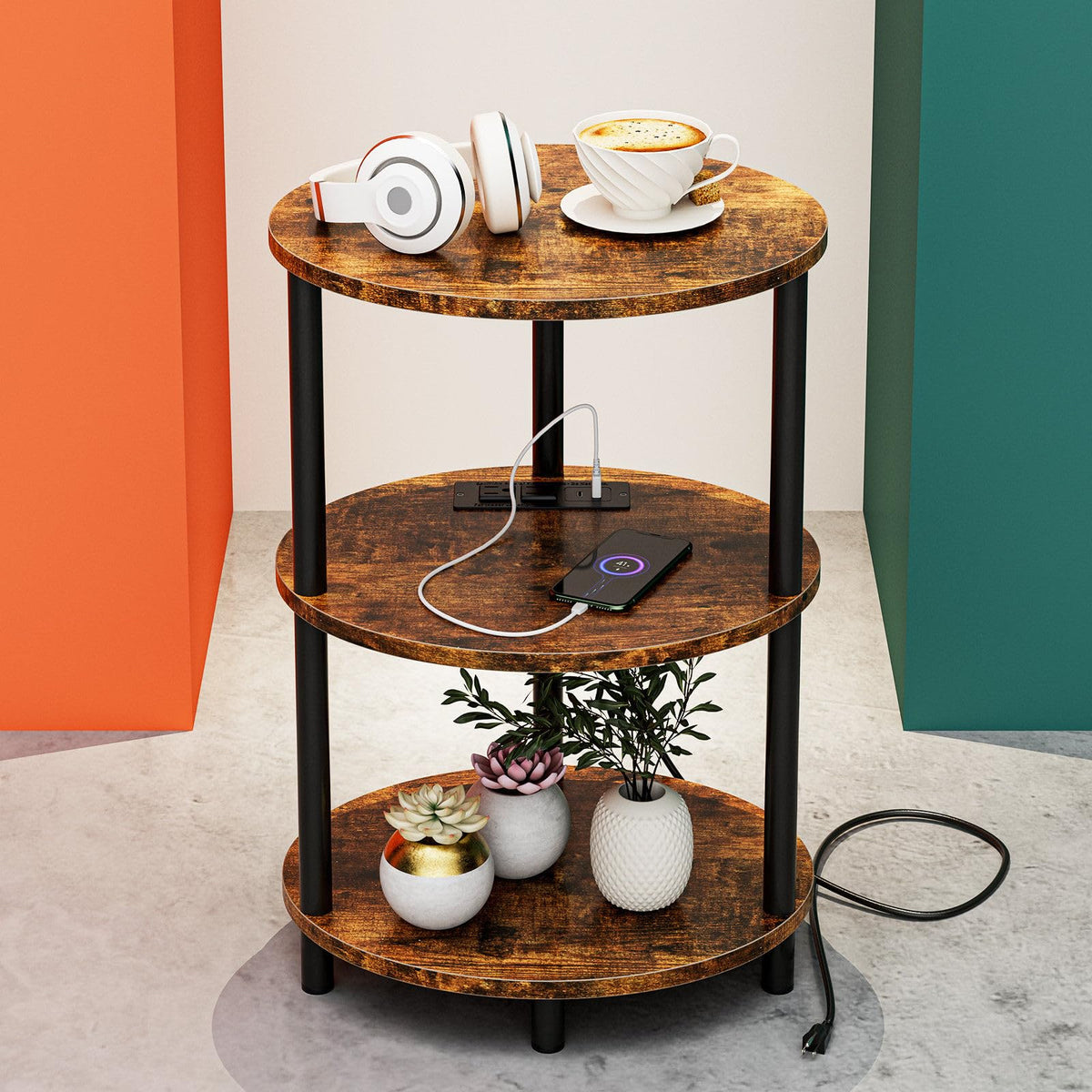 RISWER small round side table with oval design enhances safety and modern living room style