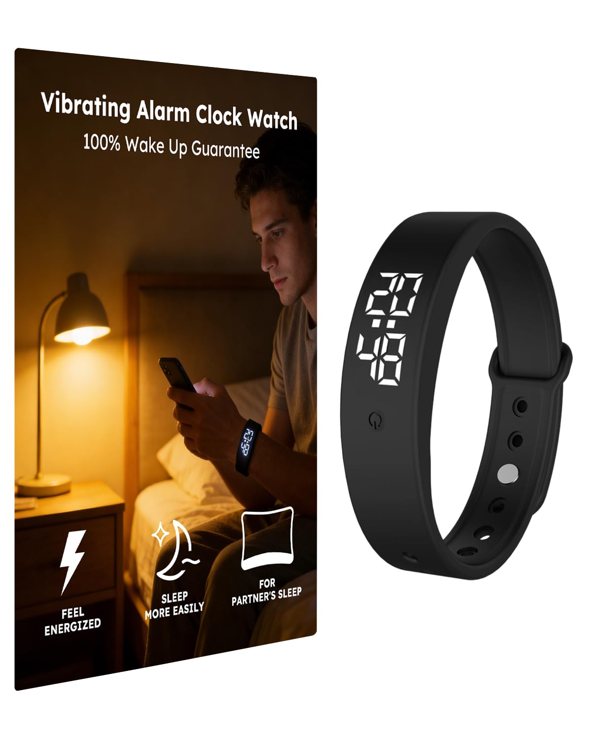 RITHEM vibrating alarm watch awakens heavy sleepers with a discreet wrist vibration.