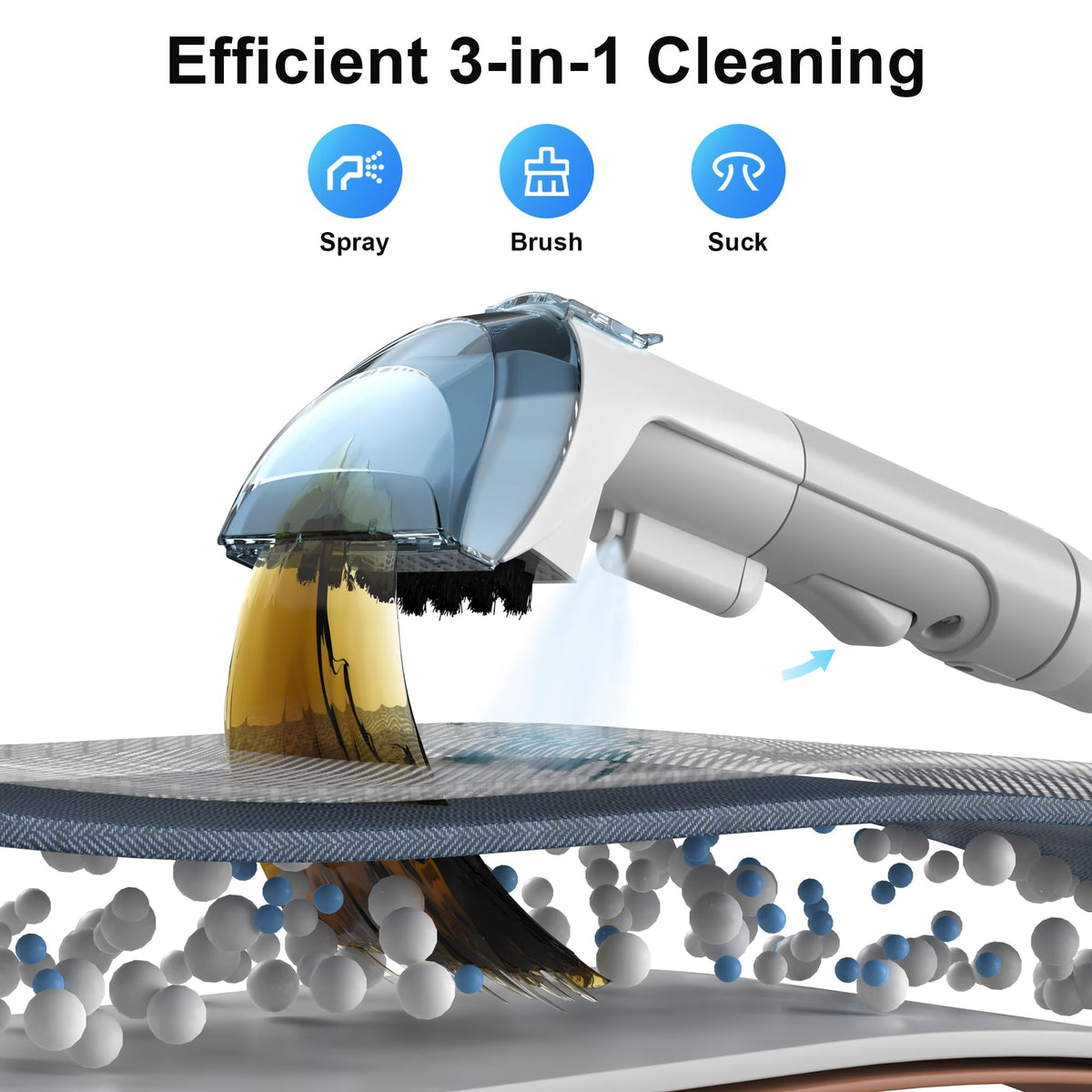 Rivenara Carpet Cleaner spraying and brushing to lift stains on fabric.