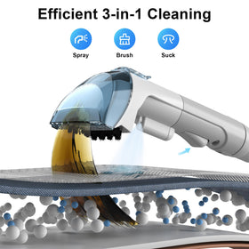 Rivenara Carpet Cleaner spraying and brushing to lift stains on fabric.