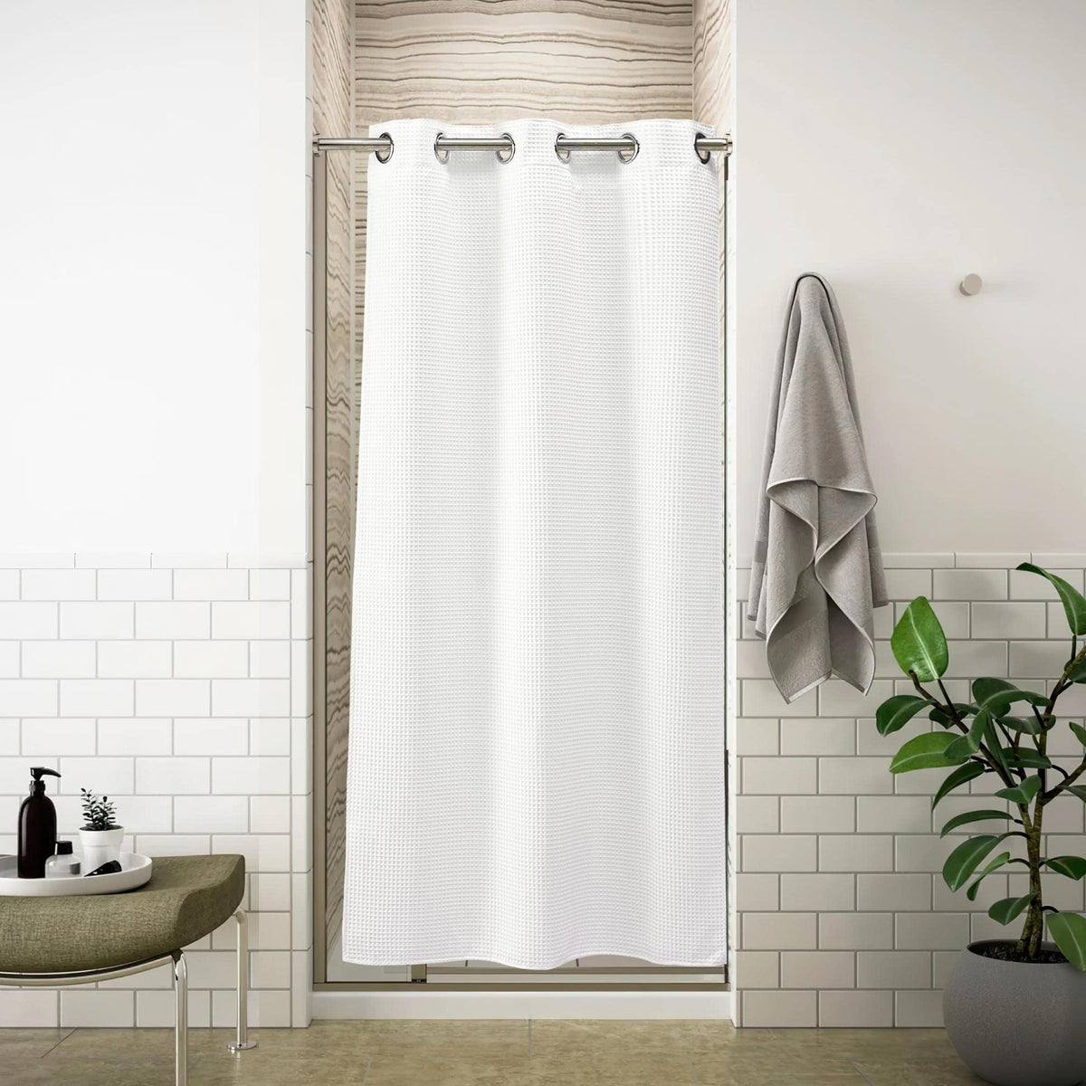 River Dream 36in stall waffle curtain in white adds spa-like luxury to your bathroom.