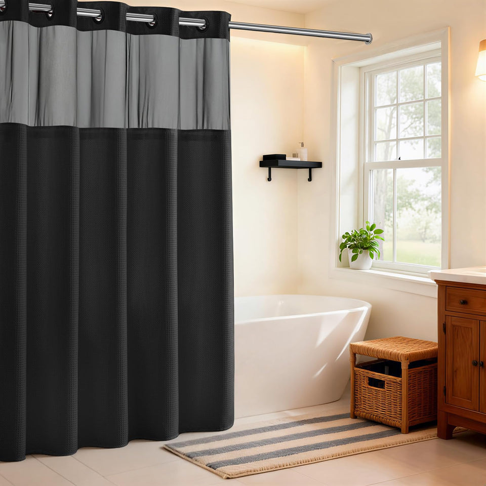 River Dream black shower curtain with dotted waffle weave for privacy and style.