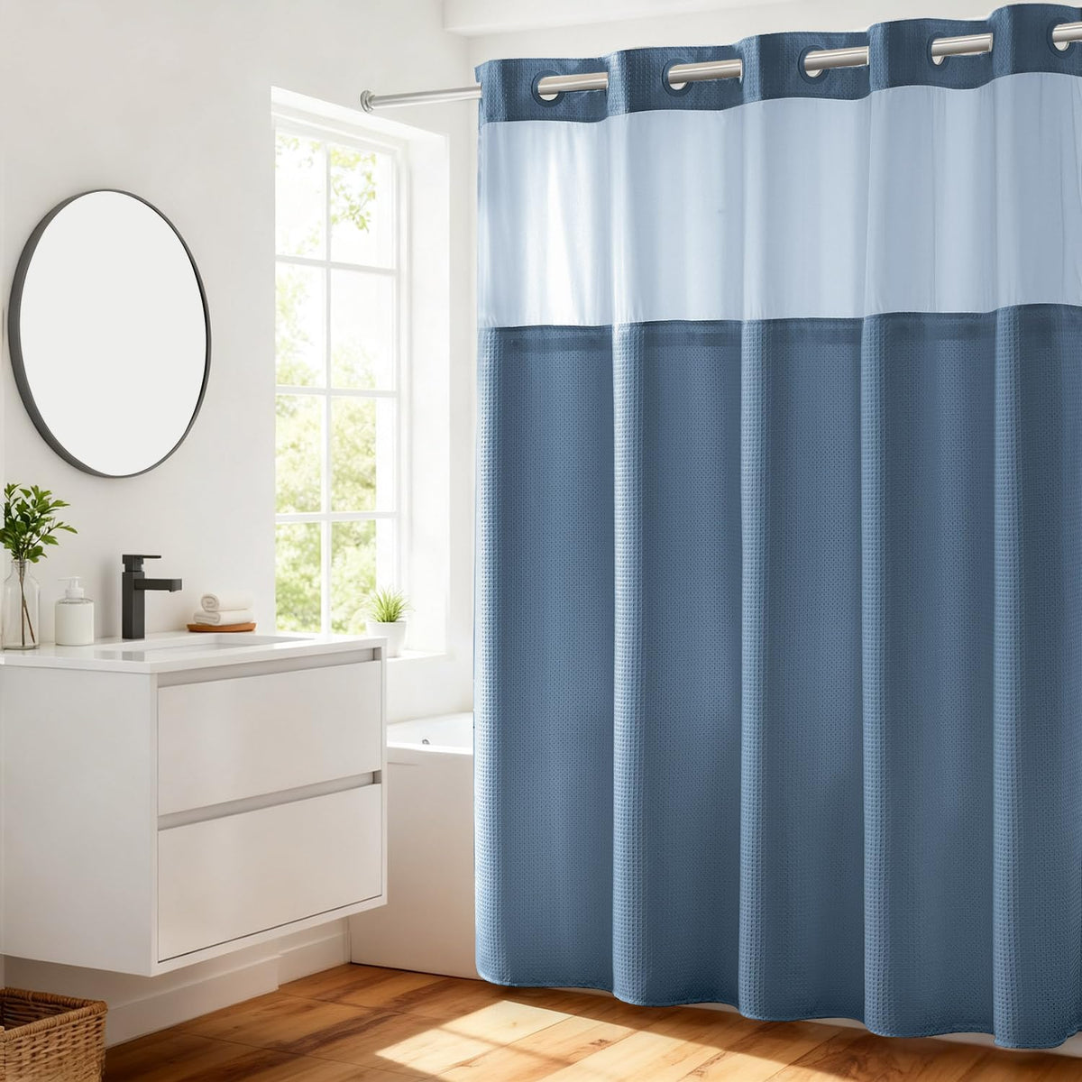 River Dream blue shower curtain with dotted waffle weave for a spa-like bathroom.