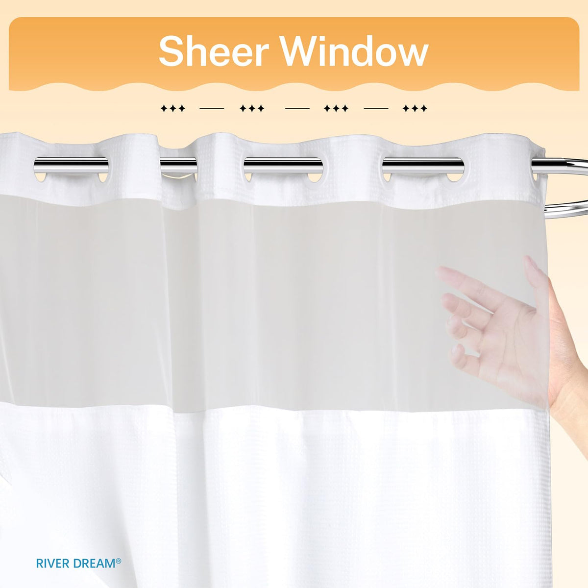 River Dream curtain features a clear top window for light and privacy.