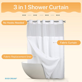 River Dream package includes curtain and snap-on liner for convenient setup.