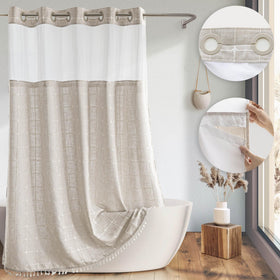 River Dream farmhouse linen textured shower curtain showing rustic charm and stripe detail
