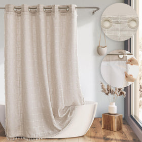 River Dream farmhouse shower curtain with tassels and 3D embroidery for rustic charm.