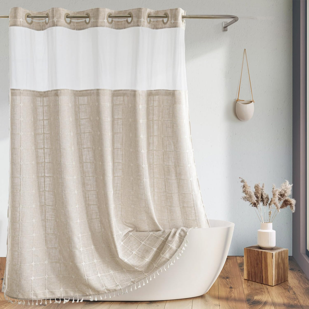 River Dream farmhouse shower curtain tassels add rustic charm with premium linen texture.