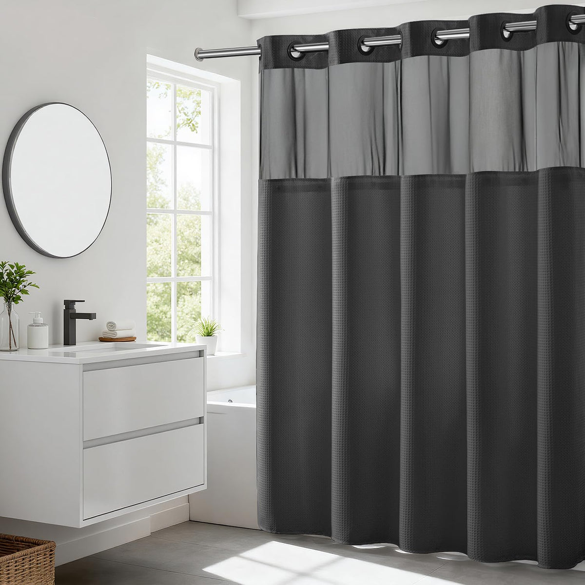 River Dream heavyweight shower curtain with dotted waffle weave adds luxurious texture.