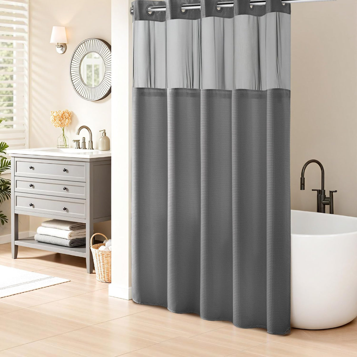 River Dream heavyweight grey shower curtain with dotted waffle weave