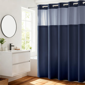 River Dream heavyweight navy blue shower curtain offers durable fabric for a spa-like bathroom.